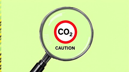 CO2 Caution and Sustainability Concept. Magnifying glass focusing on a CO2 caution icon against a green background, symbolizing ESG, carbon neutrality, emission reduction, and renewable energy