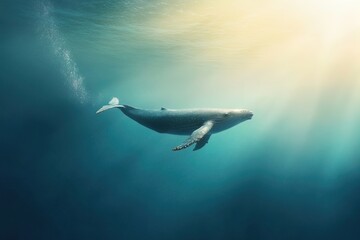 Fototapeta premium Humpback whale gliding through sunlit waters during a serene underwater moment