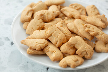 A view of a plate of animal cookies.