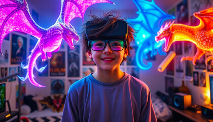 Obraz premium A child wearing AR glasses, surrounded by vivid holographic dinosaurs in a playful and colorful room.