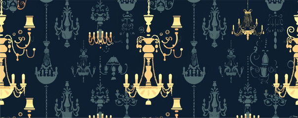 Elegant chandeliers, vintage furniture, and ornate details for a Victorian theme, flat, vector illustration, seamless pattern background design.