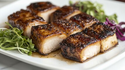 Deliciously Grilled Pork Belly Served on a White Plate with Greens