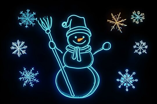 An enchanting neon snowman with a broomstick under falling snowflakes against a black backdrop. - Powered by Adobe