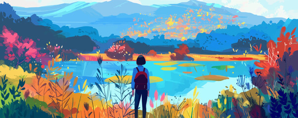 Naklejka premium Impressionist landscape portrait with loose brushstrokes and vibrant colors, flat portrait, vector illustration.