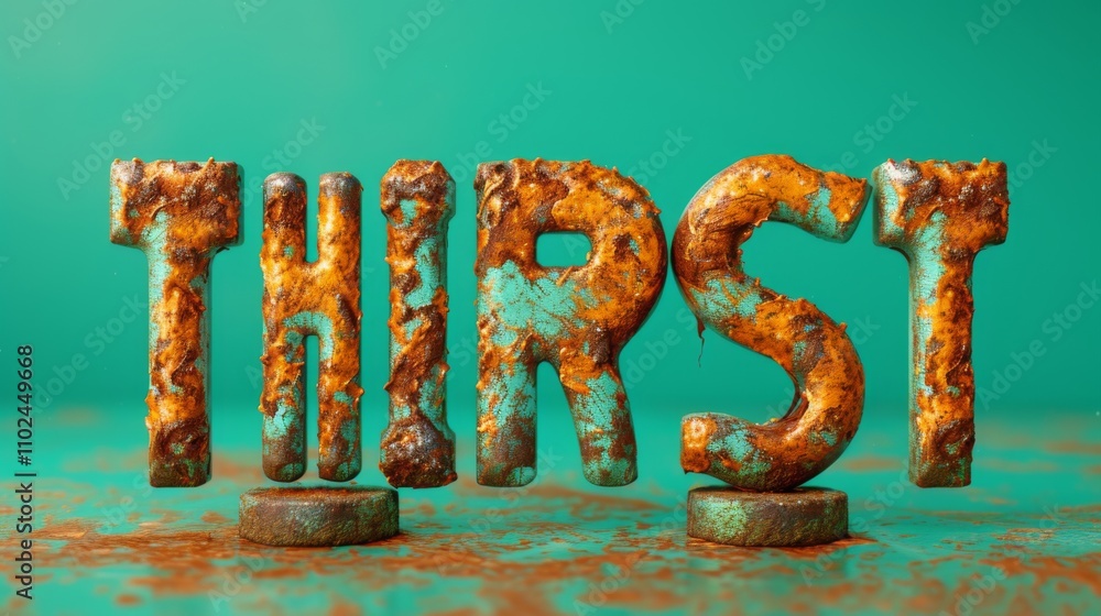 Poster a creative 3d design featuring the word thirst with a rusty texture on a vibrant turquoise backgroun