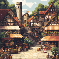 Fototapeta premium pixel art medieval markets with bustling streets and various stalls, vector icon design, flat style.
