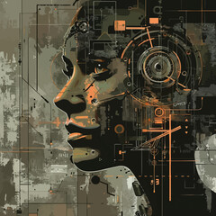 Industrial art style portrait with metallic textures and mechanical details, flat portrait, vector illustration.