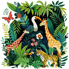 Jungle scene with exotic animals and lush vegetation, wild and untamed, vector illustration for t-shirt, flat style.