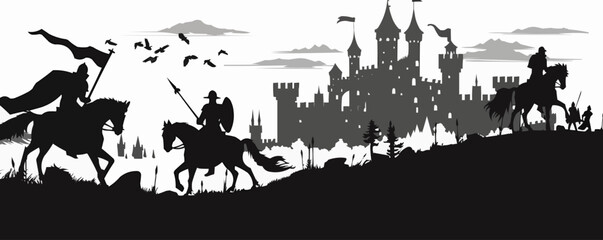 Obraz premium Medieval times, knights, castles, and jousting, historical silhouettes, black silhouette, vector illustration, flat style.
