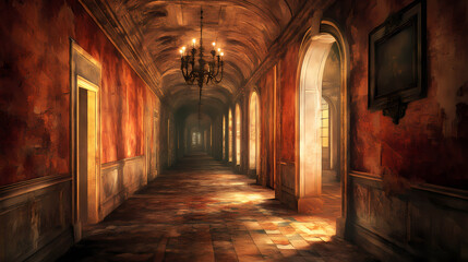 Fototapeta premium Haunting hallway of aristocratic mystery. Archaic. Illustration