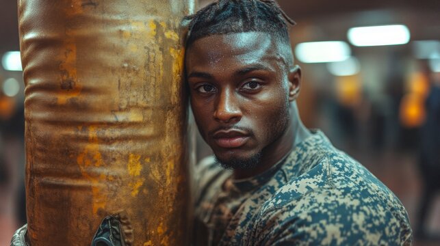 Veteran practicing on punching bag in a gym focusing on strength and conditioning