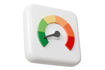 3d Speedometer icon. Minimal Status Speedometer with arrow scale gauge. Green, Yellow, Orange, Red Status color or low, medium, high arrow scale performance status icon. Credit rating score. 3d render