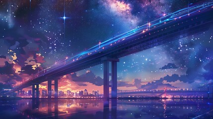 A sleek bridge under a starlit sky with the city glowing softly