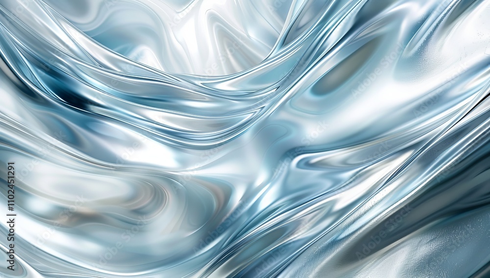 Poster digital artwork depicting an abstract background with flowing metallic blue waves, creating a sense 