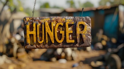 A worn metal Hunger sign, featuring rough edges and faded yellow paint, hangs prominently in a rural, outdoor environment, evoking a sense of neglect and decay. AI generated.