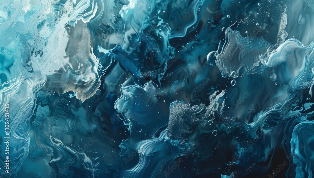 Poster digital artwork depicting an abstract background with flowing metallic blue waves, creating a sense 