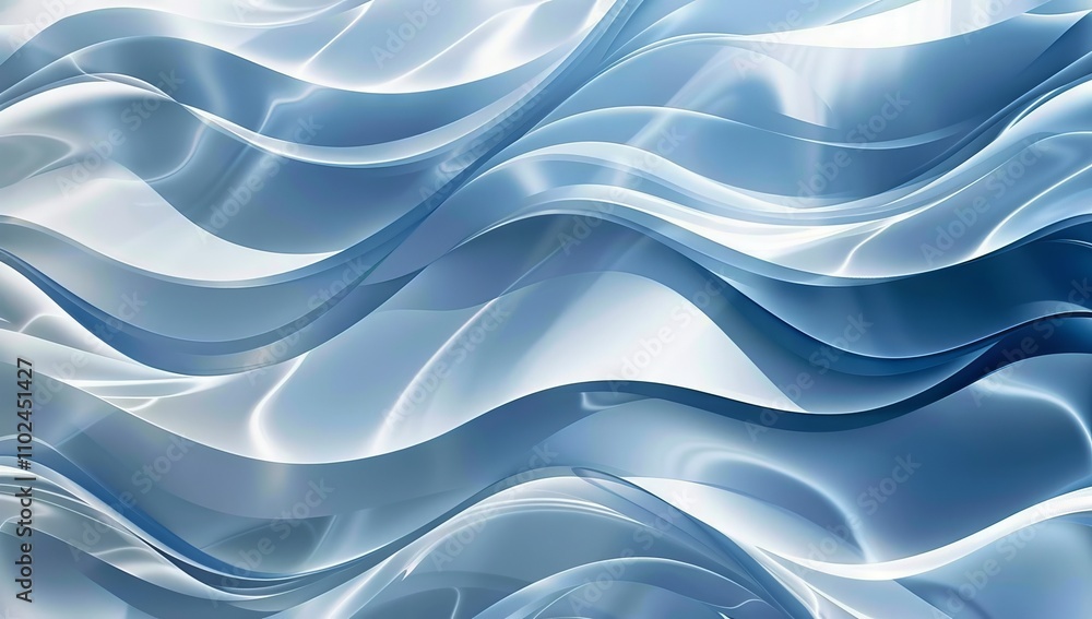 Poster digital artwork depicting an abstract background with flowing metallic blue waves, creating a sense 