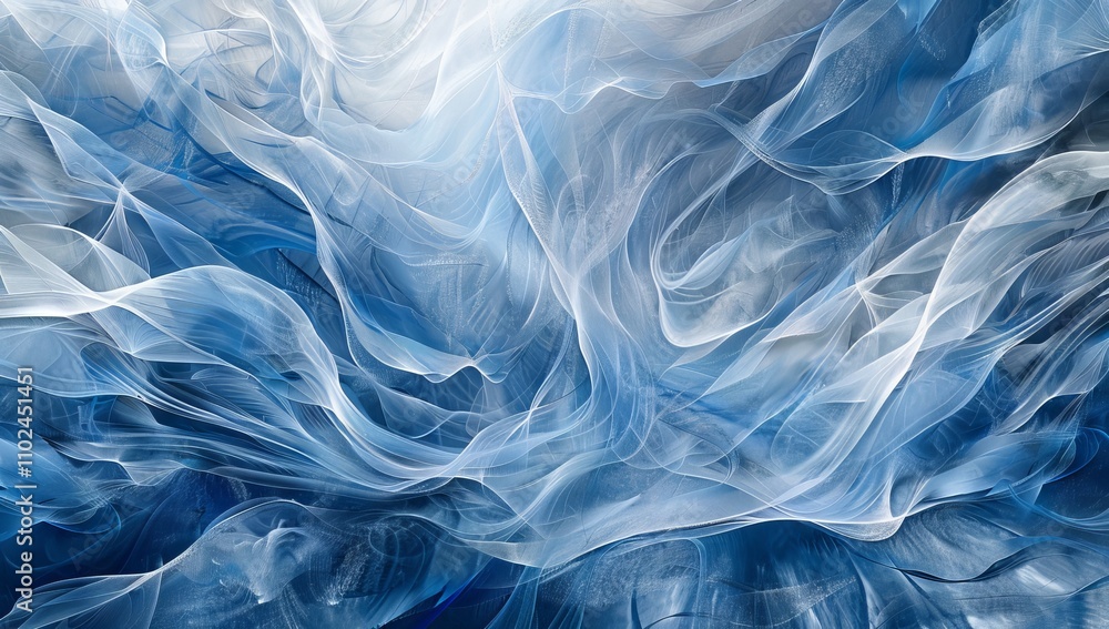 Poster digital artwork depicting an abstract background with flowing metallic blue waves, creating a sense 