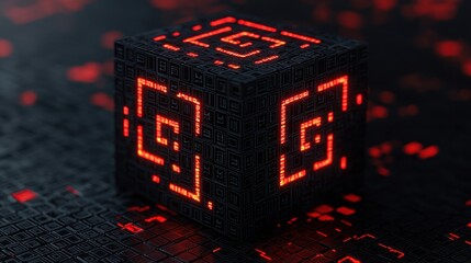 Access control permissions and encryption, A glowing black cube with intricate red patterns, set against a dark, digital backdrop, evokes a futuristic and technological aesthetic.