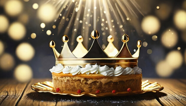 A cake crowned with a royal golden crown illuminated under spotlight on wooden table. Roscon de Reyes, Galette des Rois, Three Kings Day Epiphany background.