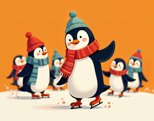 Fototapeta premium A cute penguin in a colorful hat and scarf skating on a frozen pond.