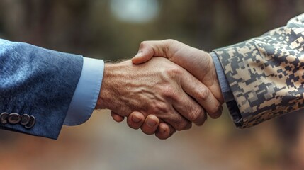 Veteran in business suit shakes hands with military personnel during a formal meeting outdoors