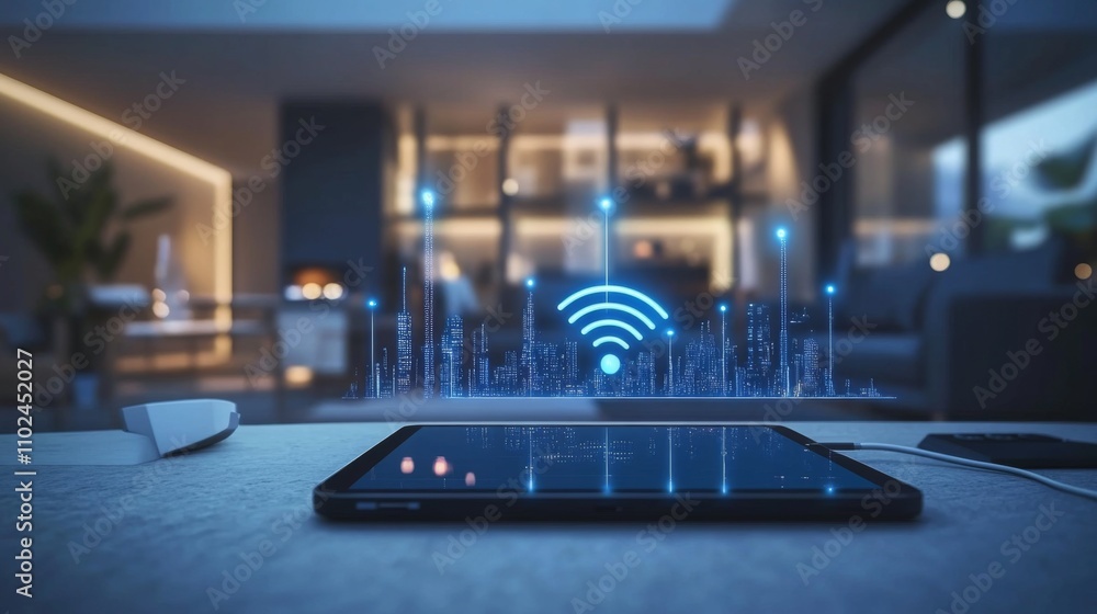 Poster modern smart home setup with tablet and wi-fi connectivity visualization