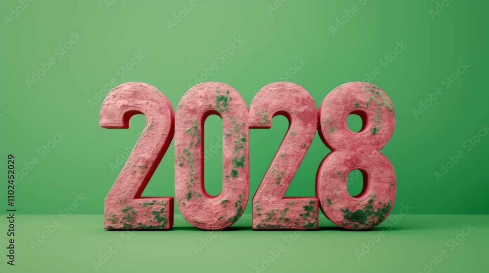Poster a striking 3d rendering of 2028 with textured green elements, highlighting the year in bold red tone