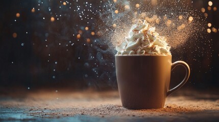 Whipped Cream Explosion on Hot Coffee Mug with Sparkling Background