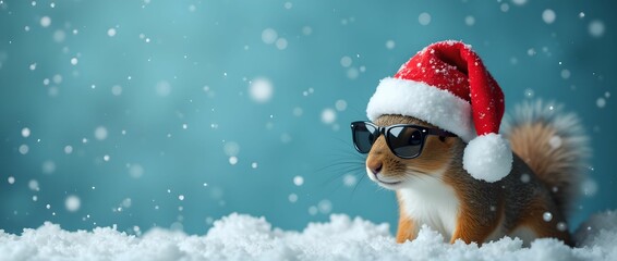 Happy New Year banner, squirrel in Santa Claus hat and sunglasses on blue background
