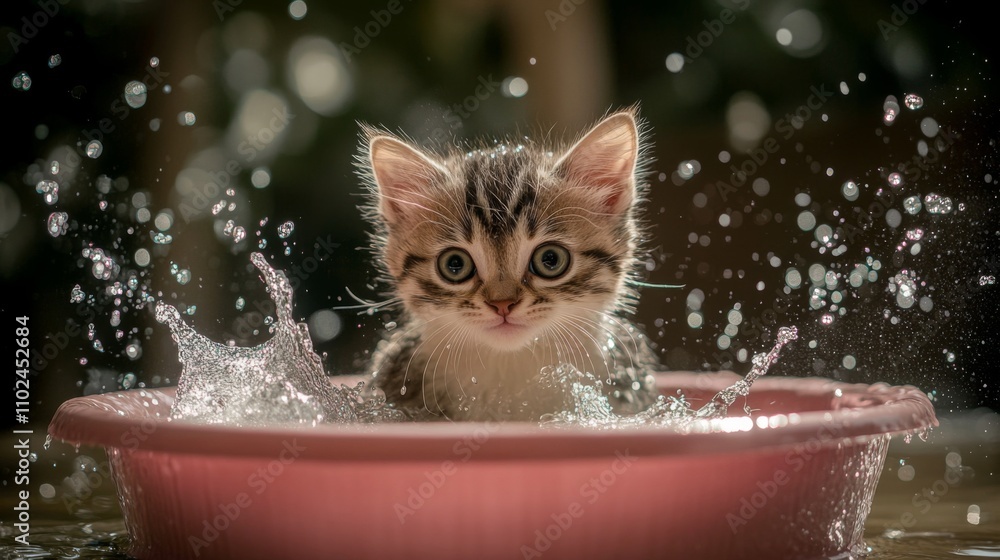 Poster playful kitten splashing in water with joyful expressions