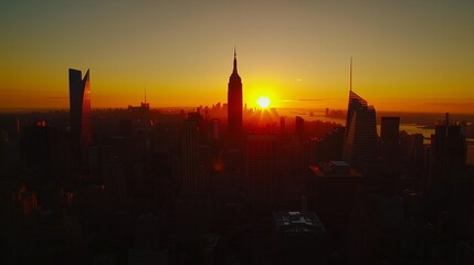 A stunning NYC sunset paints the sky, illuminating iconic skyscrapers and bustling streets below.