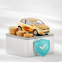 Car protection and safety assurance concept with coins web banner design. small gold automobile with shield and coins isolated on white background. cartoon style. 3d rendering