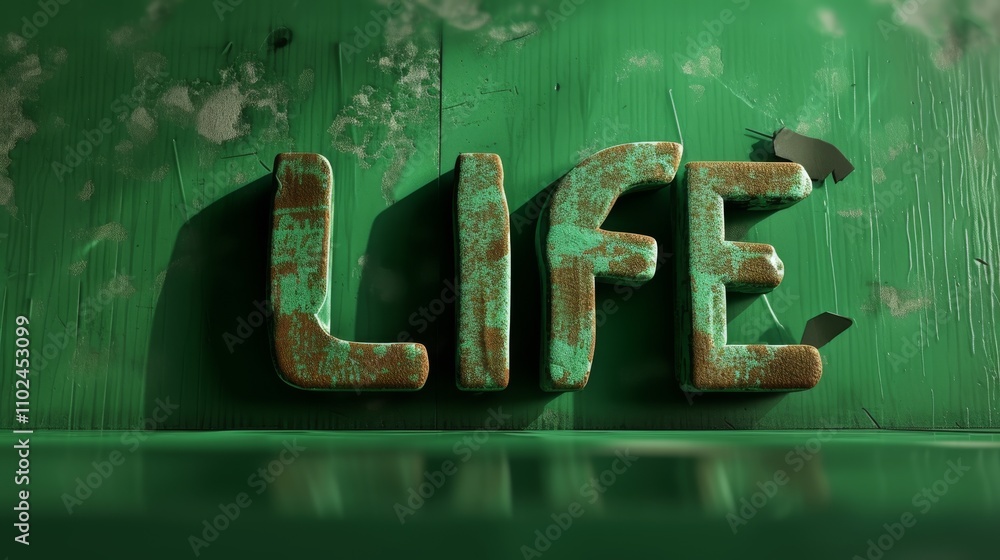 Poster a 3d rendering of the word life made from rustic metal, with a worn-out finish, placed in a vivid gr