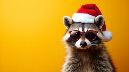 Happy New Year banner, raccoon in Santa Claus hat and sunglasses on yellow background
