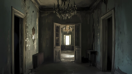 Obraz premium Dark and eerie hallway with chandelier in abandoned manor. Archaic. Illustration