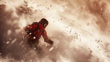 A skier dressed in red gear swiftly descends a steep mountain amidst a blizzard of powder snow, creating an exhilarating action-packed scene. AI generated.