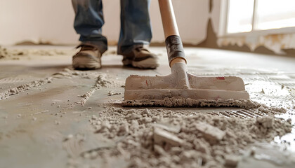 Builder sweeping the floor after renovation of house