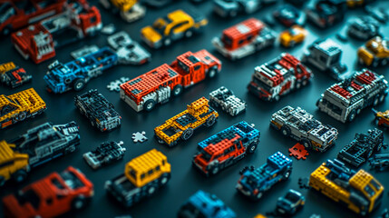 An overhead shot of puzzle pieces, each shaped like different colorful cars and trucks, scattered on the table.