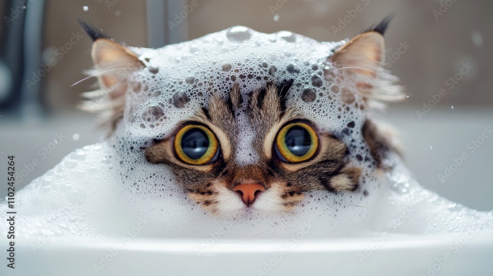 Poster playful cat enjoying bath time with bubbles and foam in tub