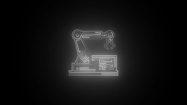 Glowing neon robotic icon isolated on black background. HD Video motion graphic animation