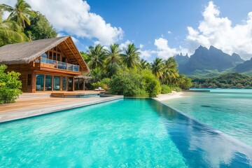 overwater bungalow with a private pool, set on a stunning turquoise lagoon surrounded by a chain of similar bungalows