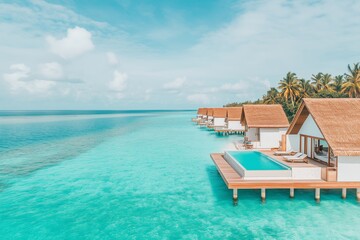 Fototapeta premium overwater bungalow with a private pool, set on a stunning turquoise lagoon surrounded by a chain of similar bungalows
