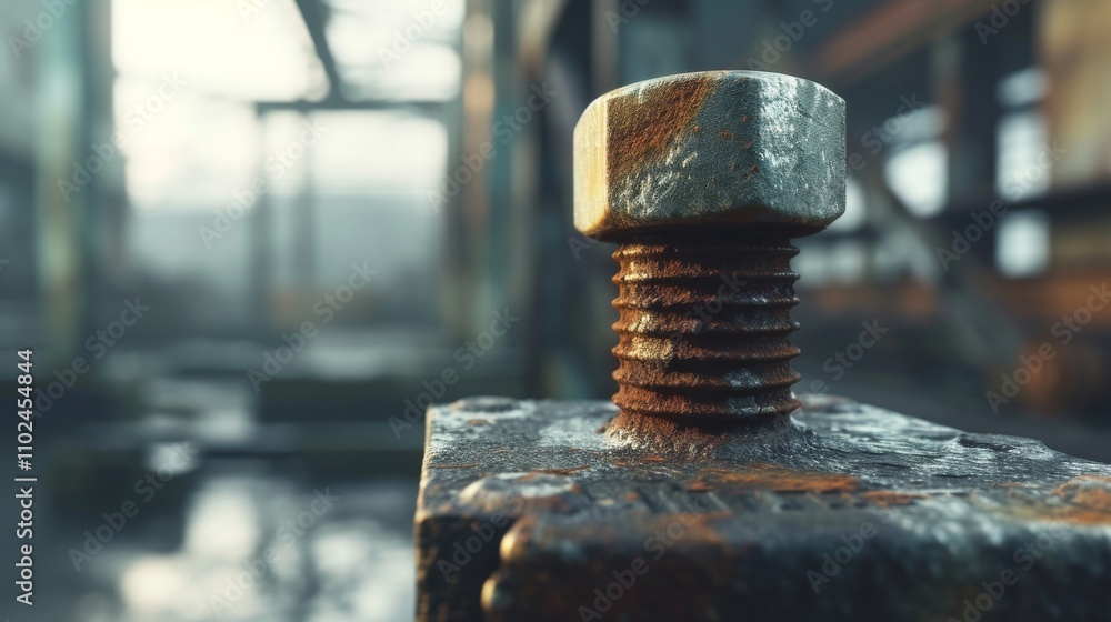 Poster macro view of a rusted bolt protruding from aged machinery, with shallow depth of field focusing on 