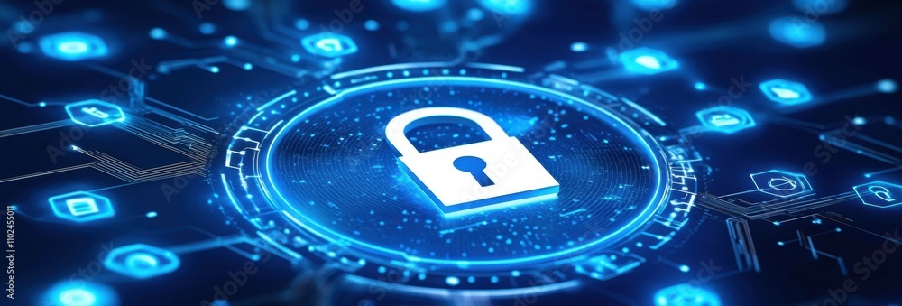 Poster blue background with security icons and a lock symbol for a digital edge collating technology concep