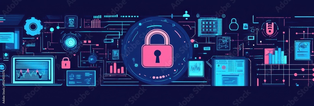 Poster blue digital background with security icons and lock symbol for cyber security concept, tech style b