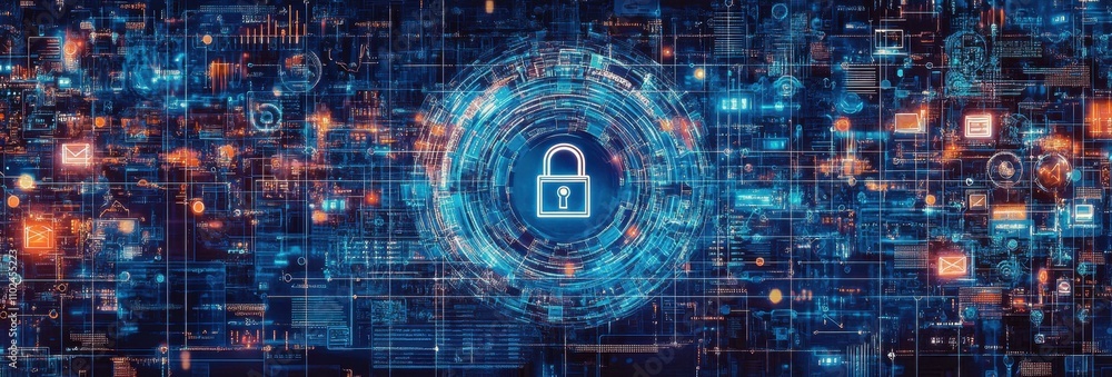 Poster blue digital background with security icons and lock symbol for cyber security concept, tech style b