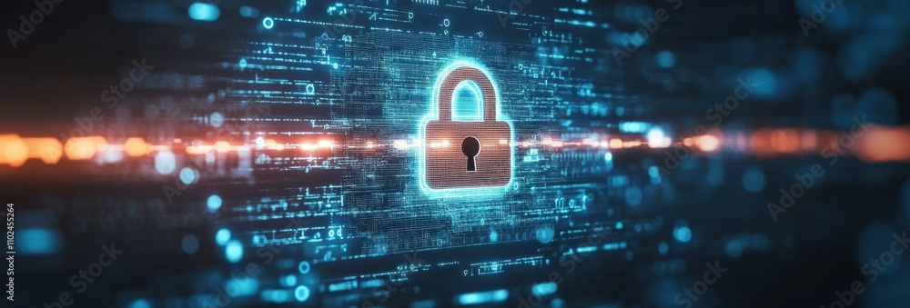 Poster digital background featuring security symbols, padlock icon, and technology elements in a blue color