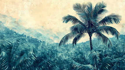 A majestic palm tree rises above a sea of swaying palm fronds in shades of blue and green, fresco style, archaic art, botanical. Archaic. Illustration