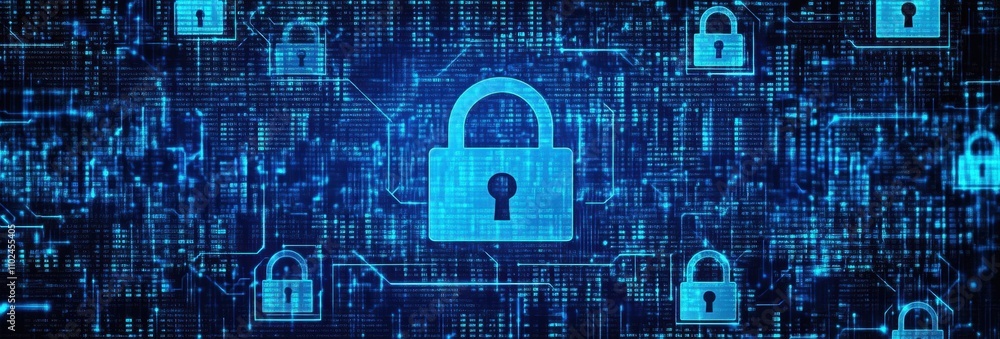 Poster digital blue background with security icons and lock symbol for cyber threat, digital service protec